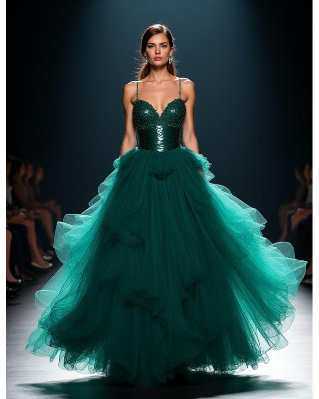 Model showcasing an elaborate designer dress on a runway