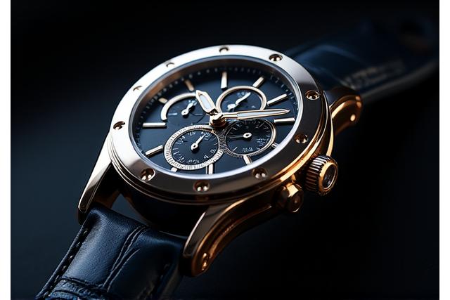 Close-up of a luxury watch on a dark, reflective surface