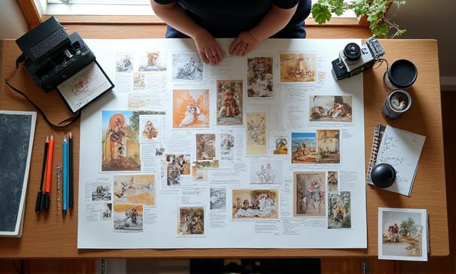 Creative director planning a visual campaign with sketches and mood board